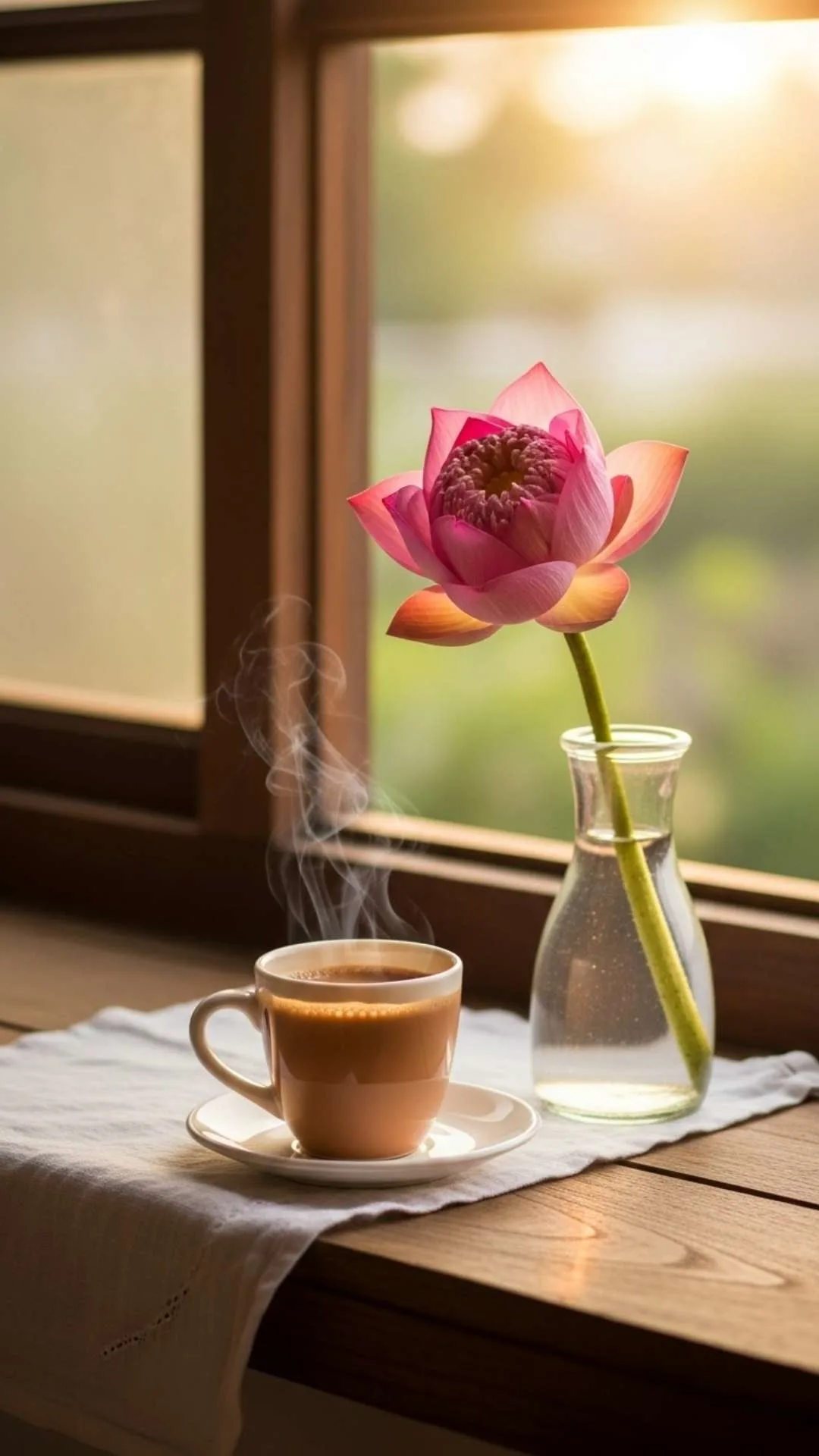 A cup of morning chai next to a blooming pink lotus flower. A cozy and hopeful floral DP for WhatsApp, symbolizing a fresh start and peace. #chai #lotusflower #morningpeace
