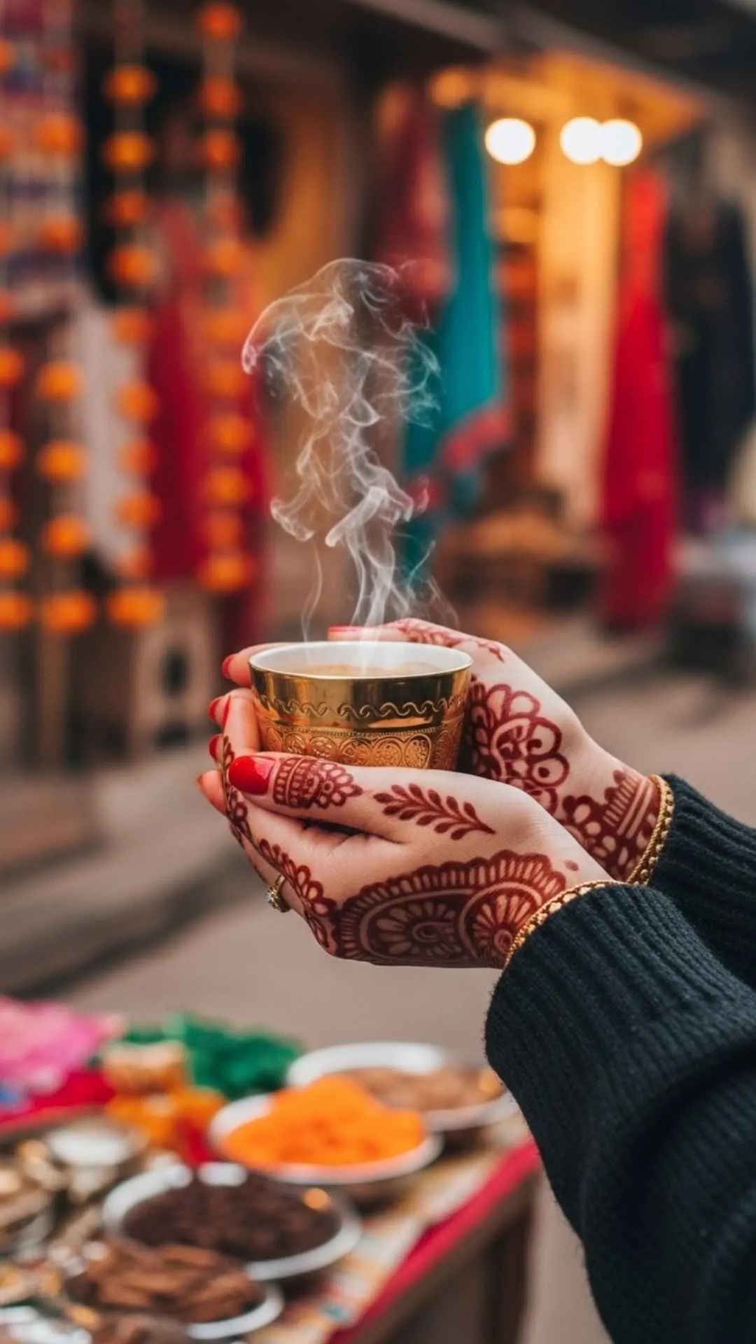 Cozy close-up of hands holding a steaming chai cup with a rustic background, a charming chai lover Instagram DP for daily Indian vibes.