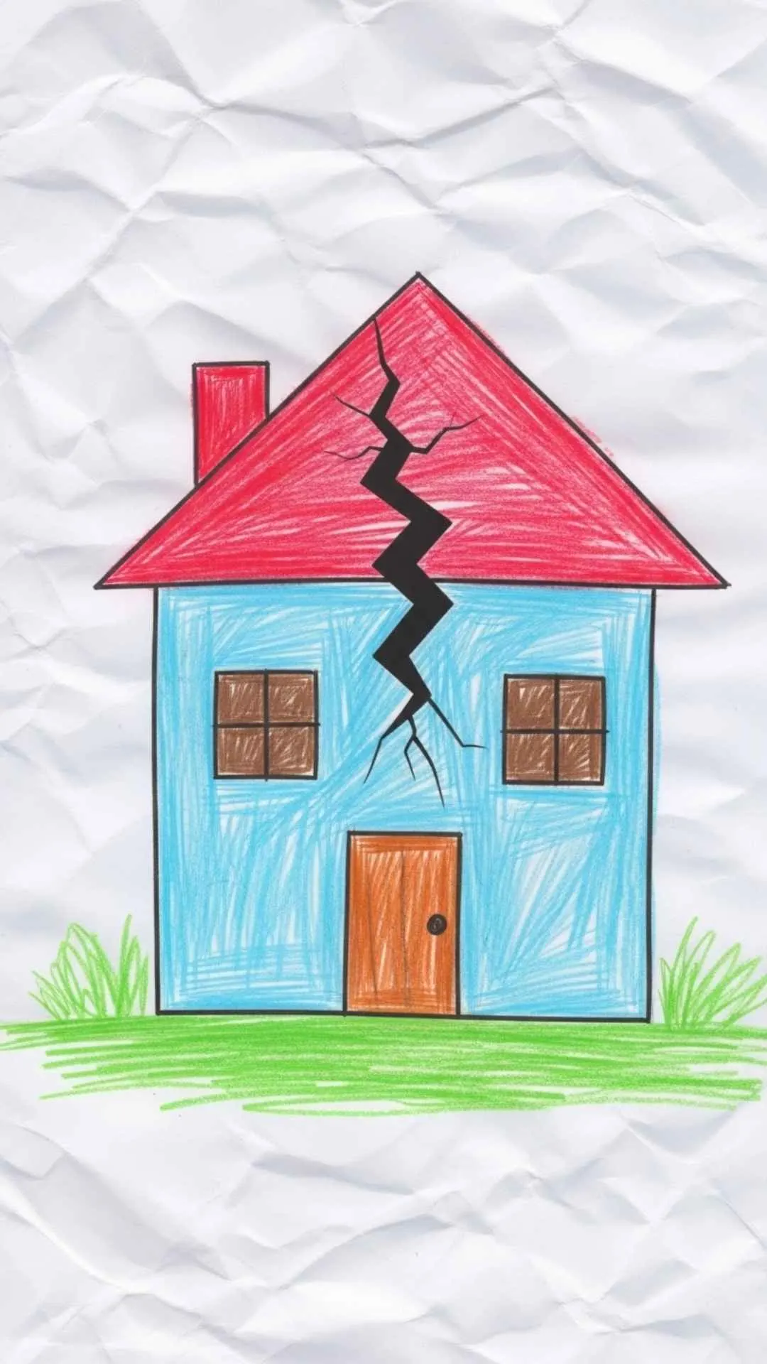 Child's drawing broken home DP, crayon art, innocent sadness, fractured family symbol, emotional profile picture.