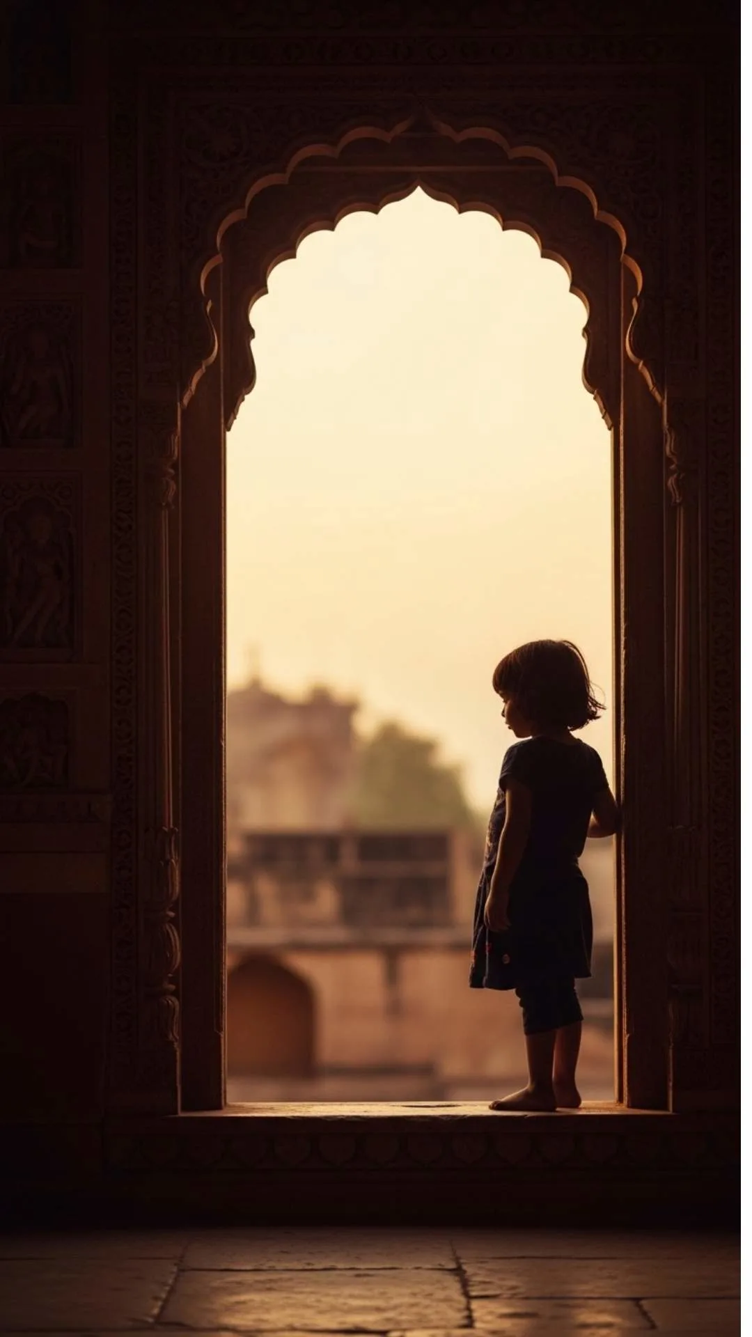 Child silhouette window DP, lonely child profile, old Indian window, longing sadness, innocent and pensive.