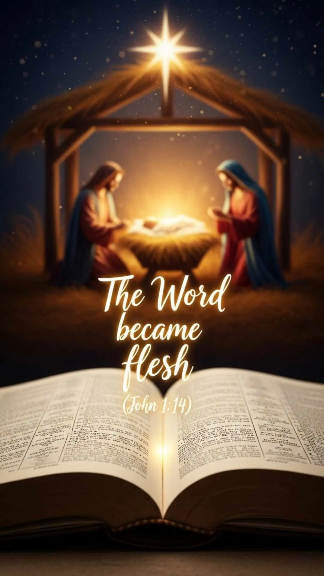 A spiritual Christmas DP with a Bible verse, 'The Word became flesh,' highlighted, and the nativity scene in the background. Symbolizes the Incarnation of Jesus. #Christmas #BibleVerse #John114 #Incarnation #FaithDP