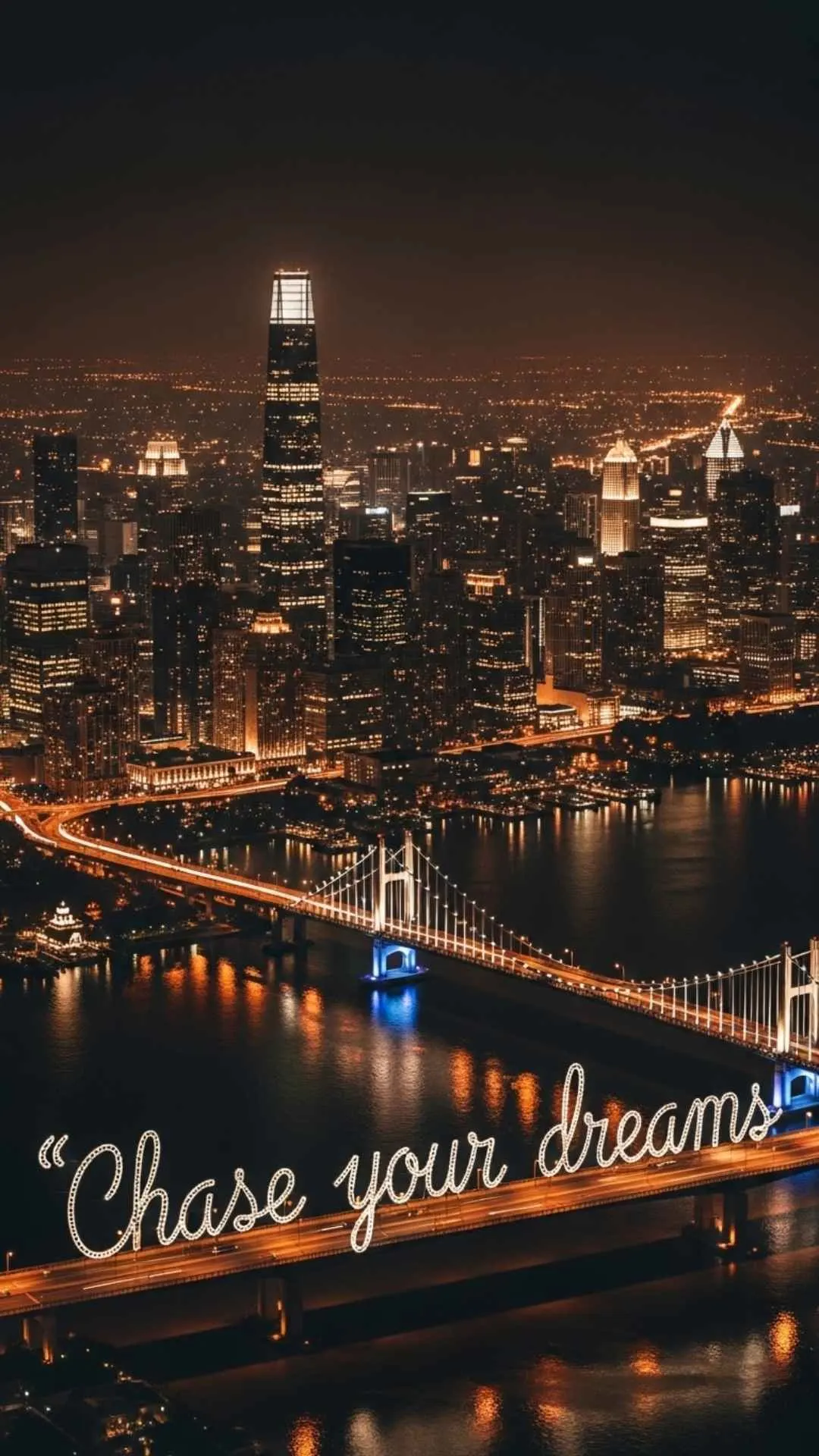 Inspirational WhatsApp DP of a vibrant city skyline at night, with "Chase your dreams" quote, symbolizing ambition and opportunity.