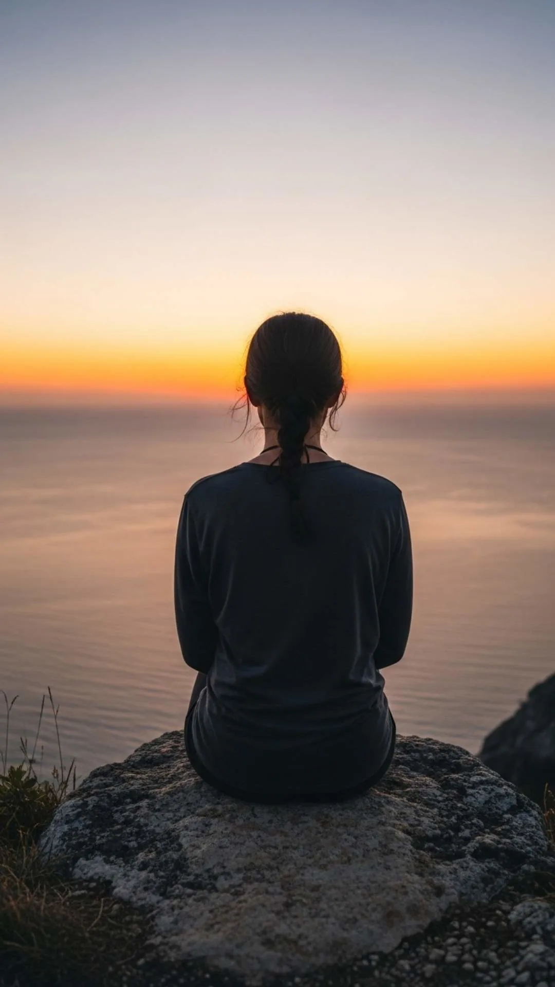 Contemplative attitude DP, ocean sunset view, peaceful cliff profile