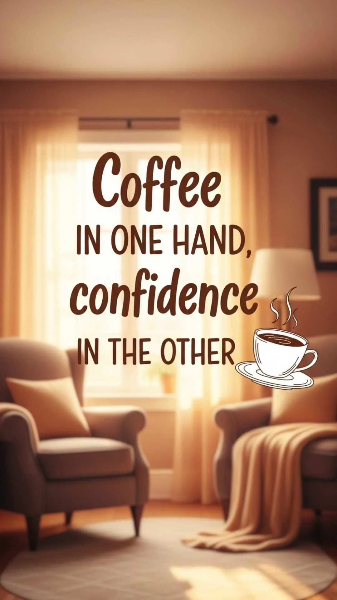 Humorous Motivational WhatsApp DP with a coffee cup illustration and the quote "Coffee in one hand, confidence in the other," for a lighthearted boost.