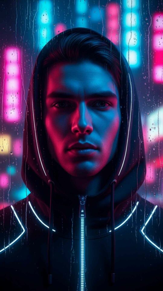 A close-up portrait of a young man with a cyberpunk aesthetic, wearing a dark hoodie with LED details, against a blurred background of a neon-lit futuristic city with rain on a window.
