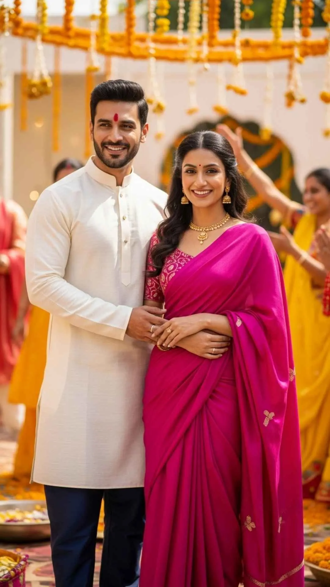 Indian couple stylish DP, modern traditional attire profile, joyful cultural FB DP, festive Indian love avatar.