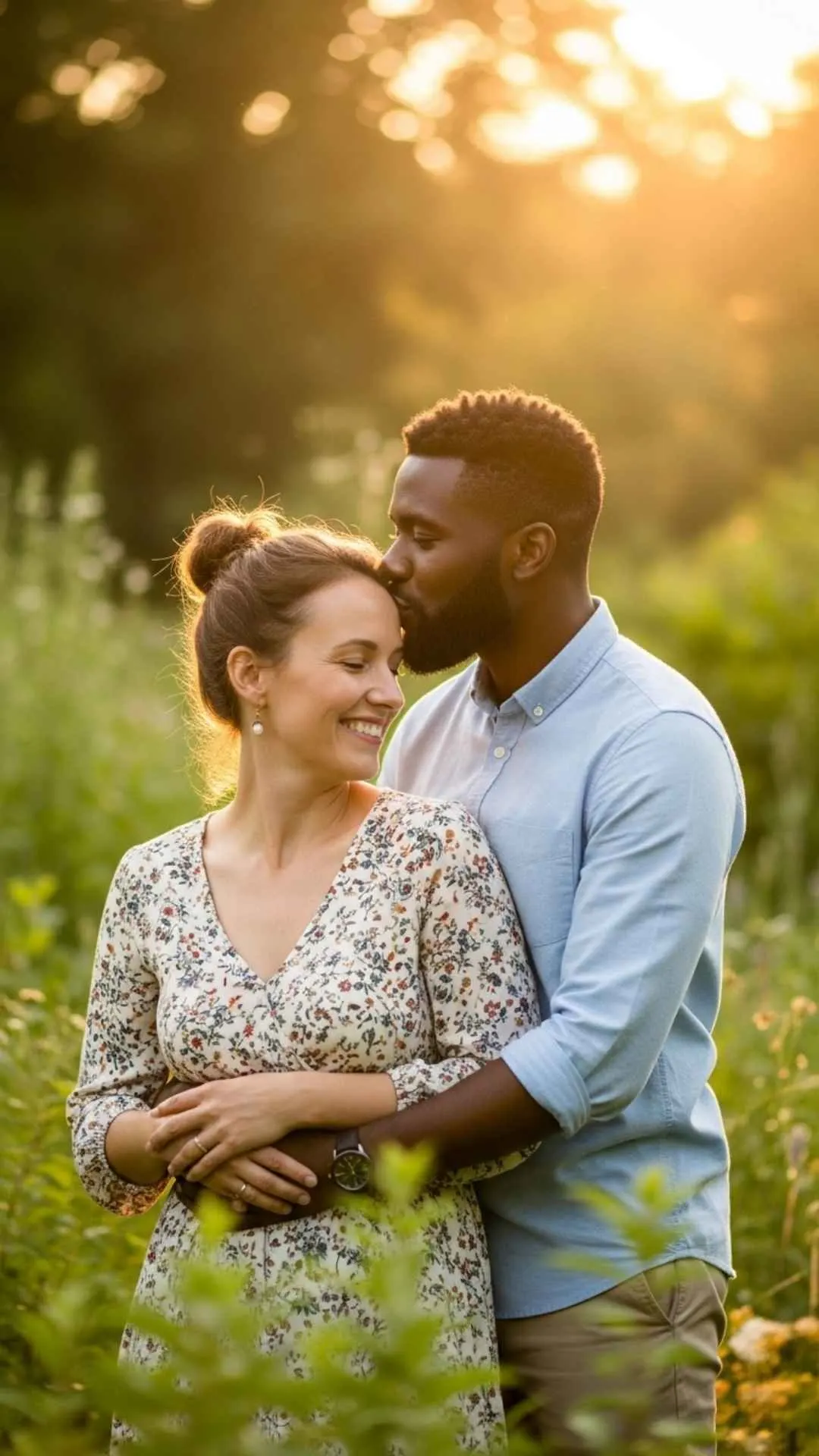 Happy couple golden hour DP, romantic forehead kiss profile, joyful love FB DP, blissful relationship avatar, positive couple moment.