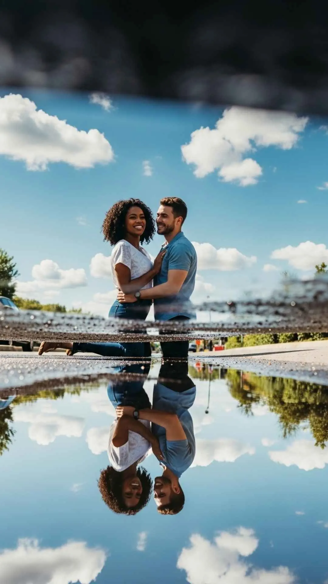 Couple reflection joyful DP, sunny street profile picture, optimistic love FB DP, clear sky relationship avatar.