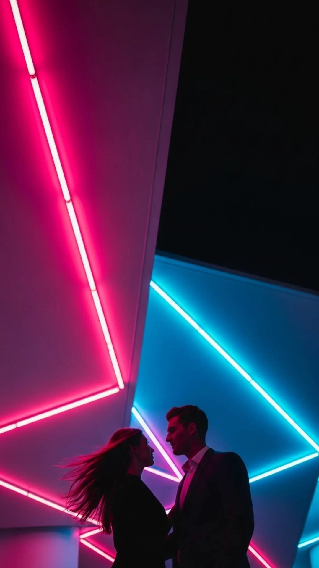 Stylish couple neon DP, vibrant silhouette profile picture, modern love FB DP, chic urban avatar, lively couple pic