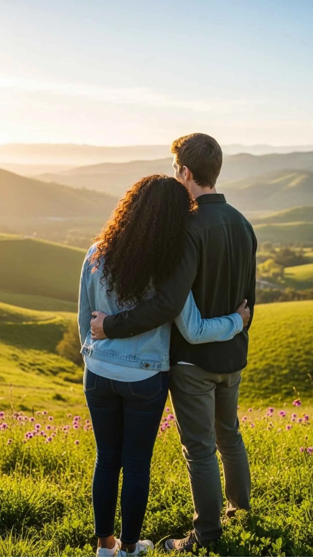 Optimistic couple sunrise DP, joyful future profile picture, shared dreams FB DP, happy couple view avatar, new beginning pic