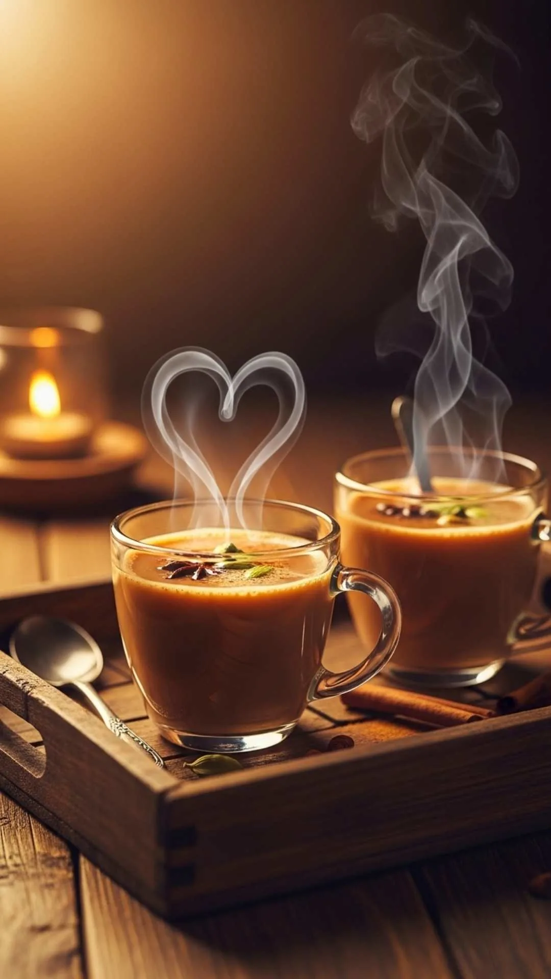 Steaming Masala Chai cups with heart-shaped steam, cozy comfort, warm love, healing beverage.