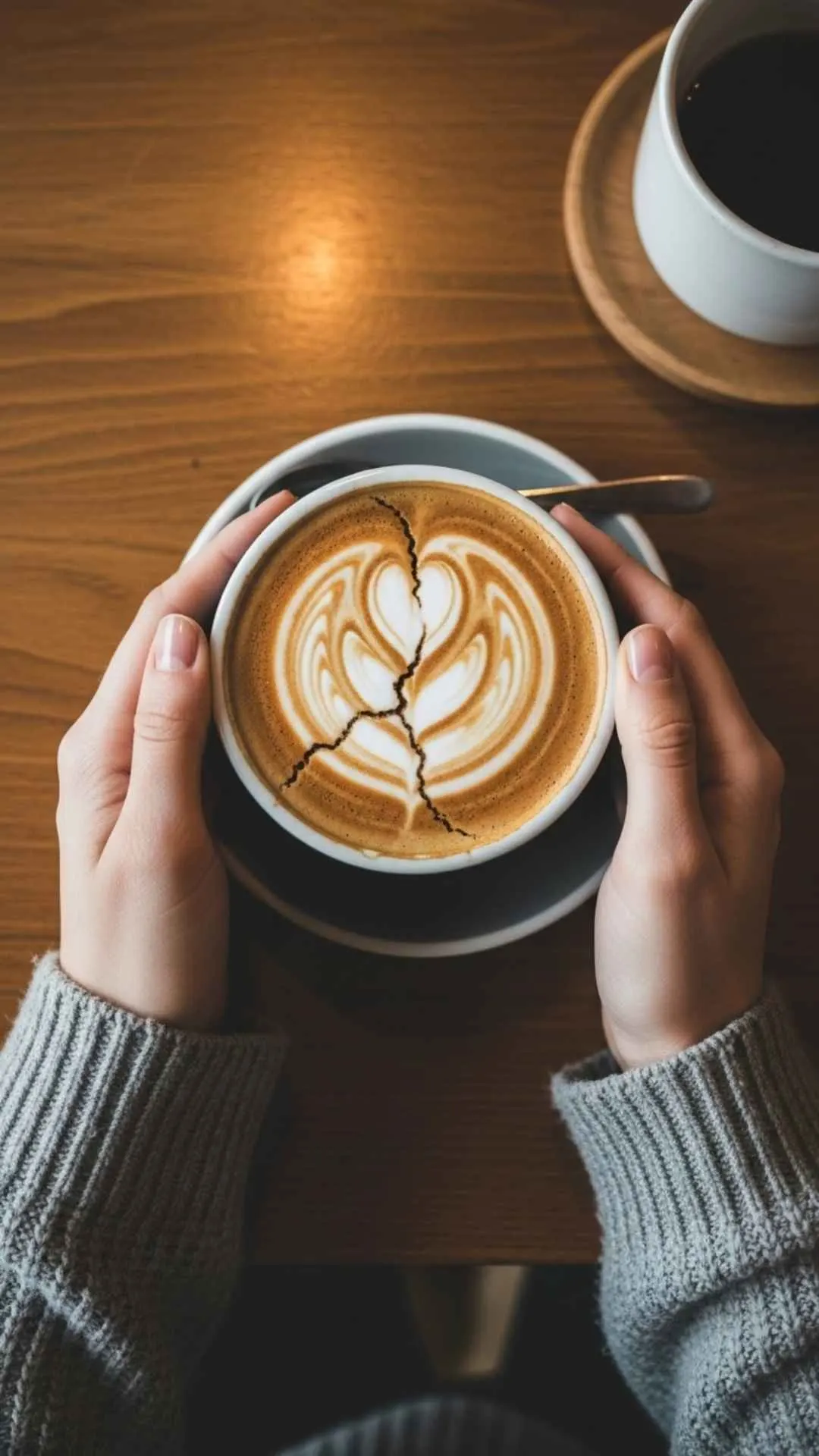 An artistic sad DP showing a cracked heart in coffee foam, a unique broken heart image for a girl's profile picture.