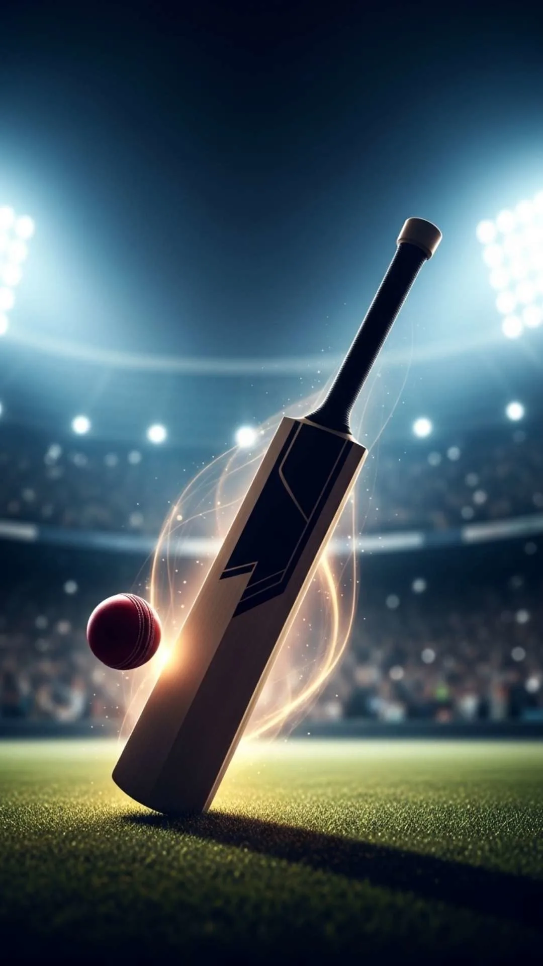 Dynamic cricket bat and ball silhouette against a cheering stadium, a must-have cricket fan Instagram DP for IPL lovers in India.