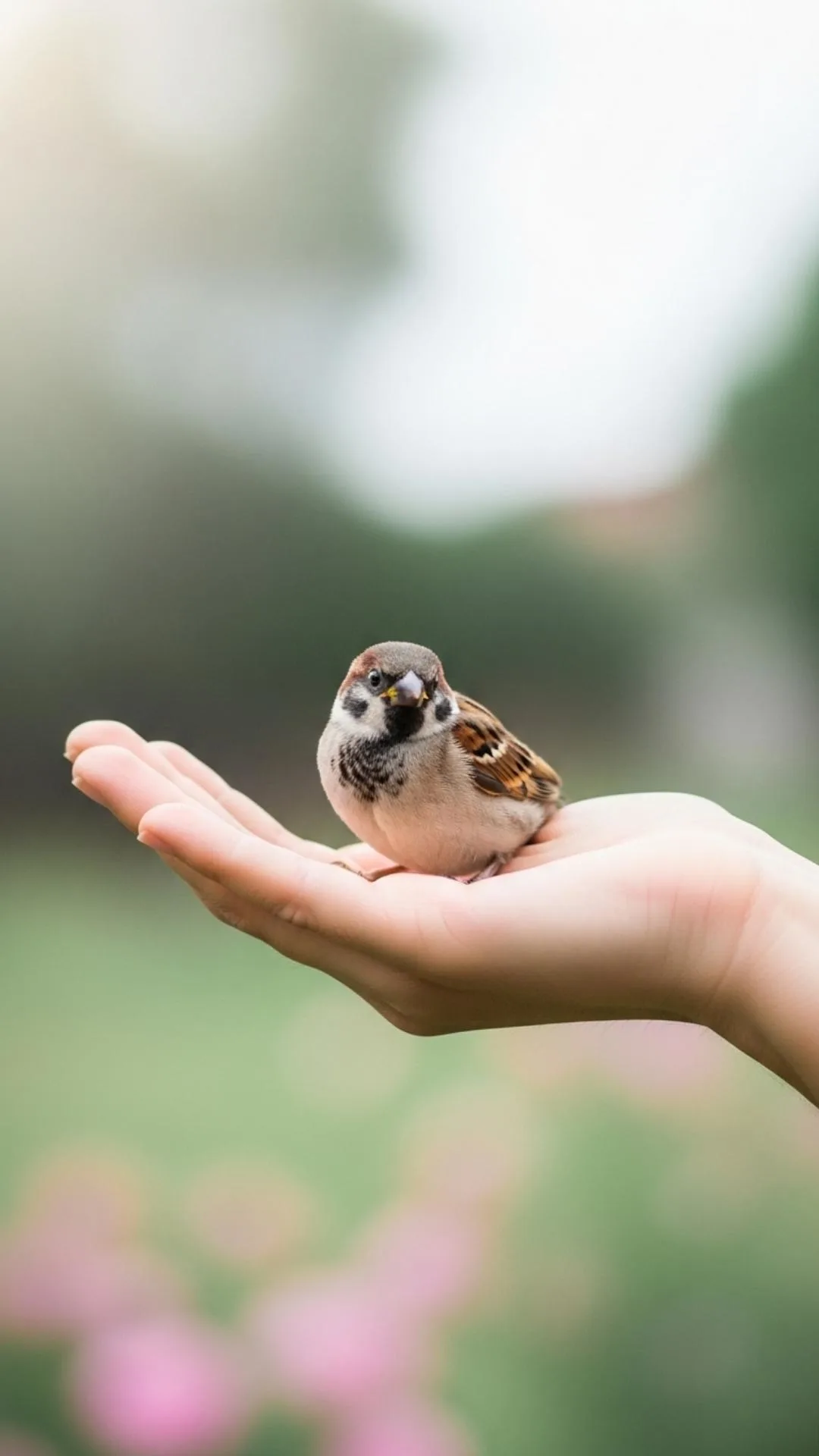 A healing and cute DP of a tiny bird on a hand, a beautiful profile picture about kindness to animals