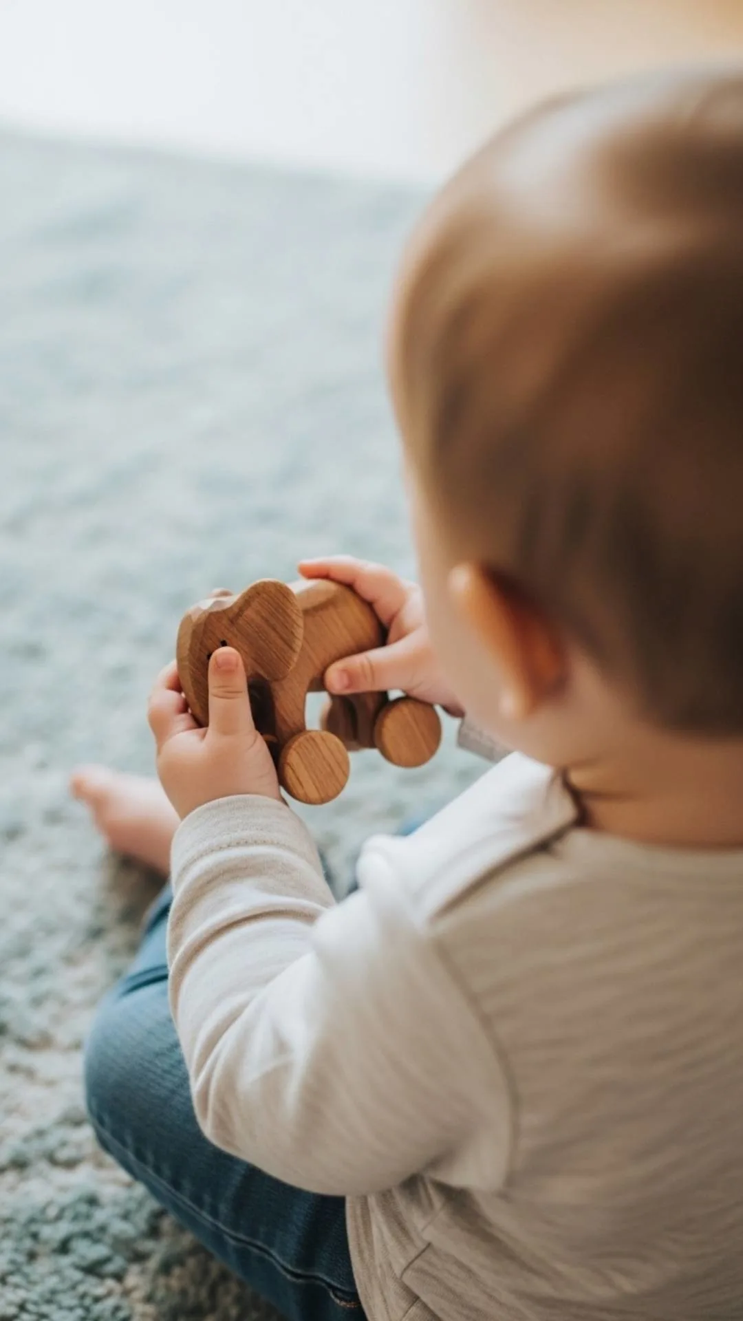 Cute baby DP showing a baby from behind holding a wooden toy, an innocent and beautiful avatar for social media