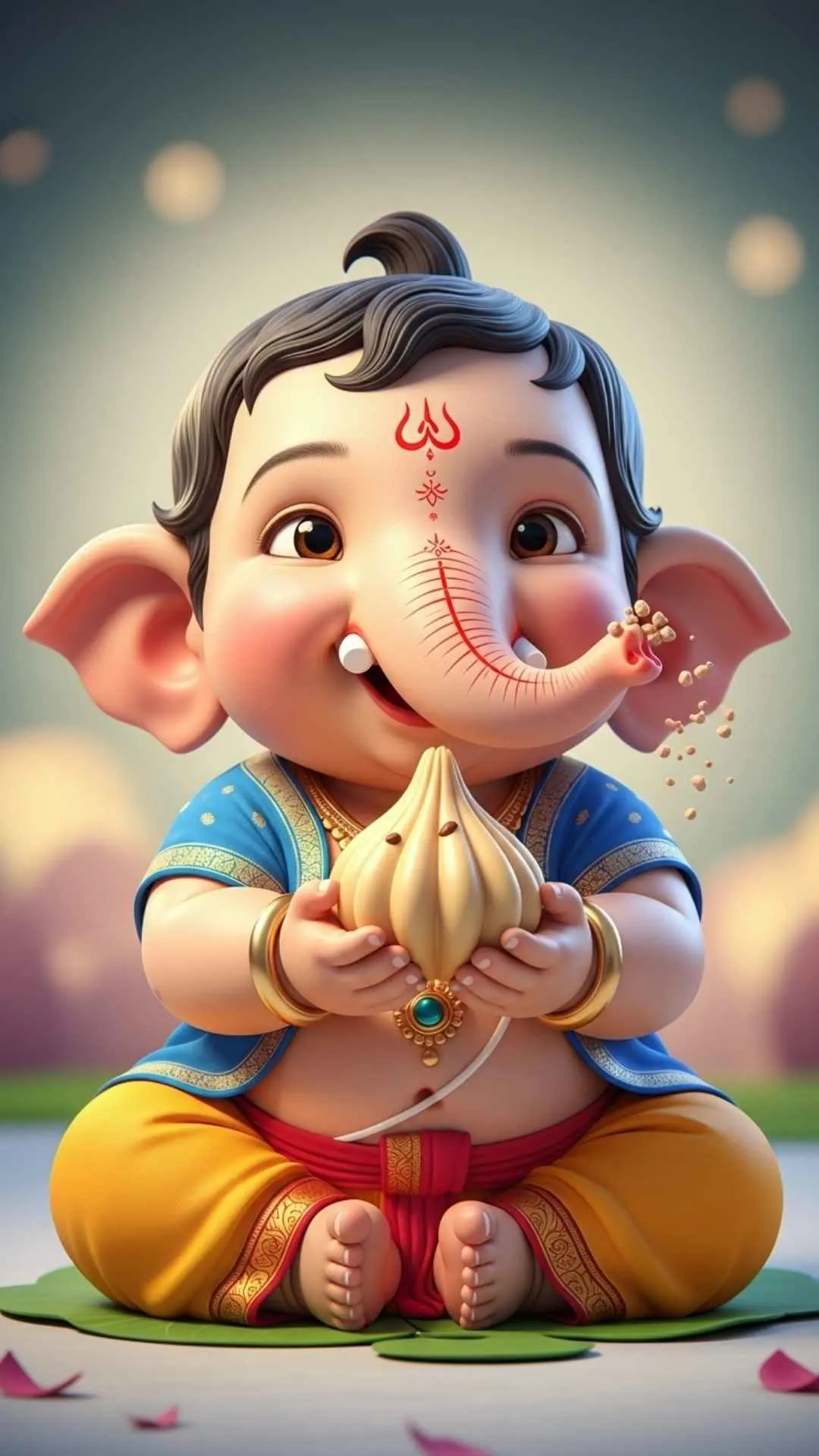 An adorable DP of baby Ganesha with chubby cheeks, happily holding a large modak, representing sweetness and blessings. #CuteGanesha #BabyGanesha #GaneshaWithModak #GanpatiBappa #Modak