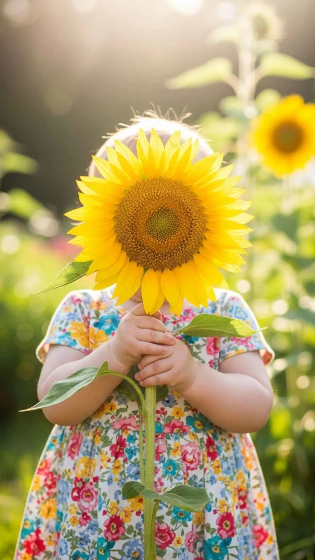 Aesthetic cute baby girl DP hiding behind a large sunflower, a beautiful and happy profile picture for Instagram