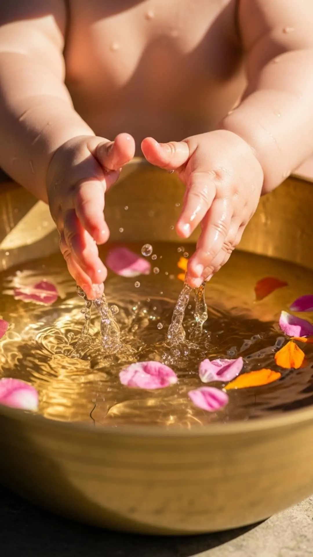 A cheerful cute baby DP of baby hands playing in water with flower petals, a happy and lovely profile picture