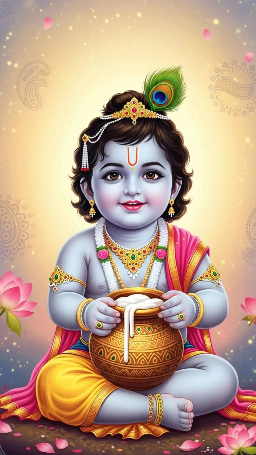 Cute baby Lord Krishna DP, mischievous Indian deity profile picture, playful Krishna with butter pot, Hindu god WhatsApp DP.