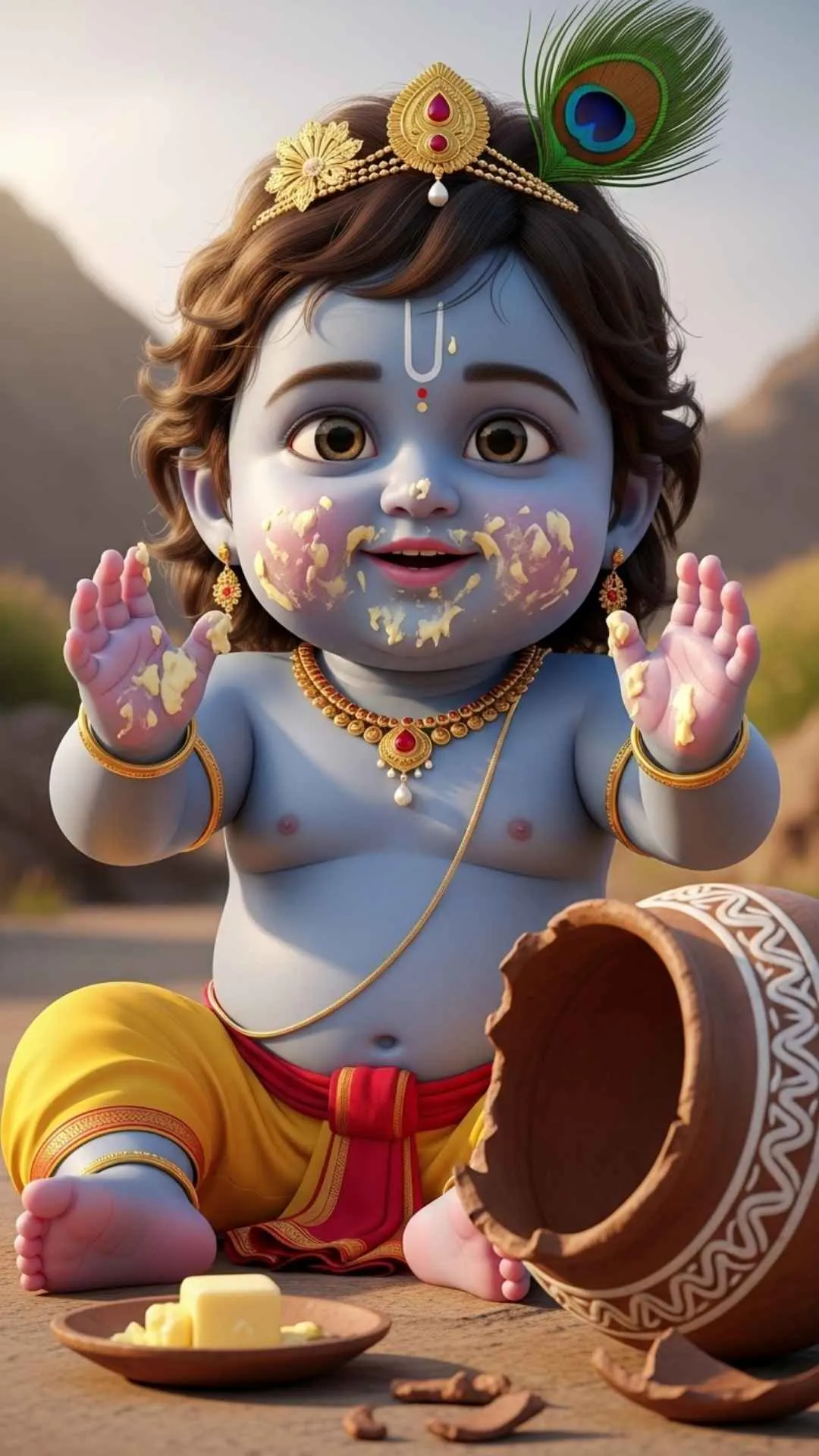 An adorable DP of baby Krishna, the mischievous butter thief (Makhan Chor), with butter smeared on his cute face. #MakhanChor #BabyKrishna #CuteKrishnaDP #LadduGopal #Mischievous