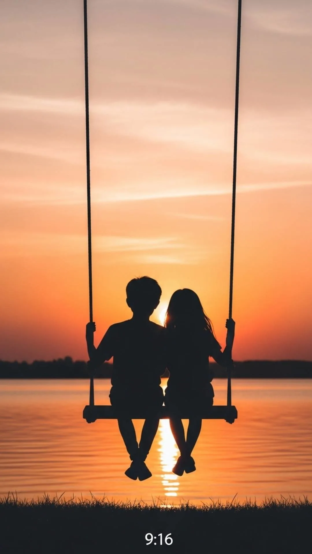 Aesthetic silhouette DP of two cartoon friends on a swing at sunset, a beautiful and cute profile picture about friendship