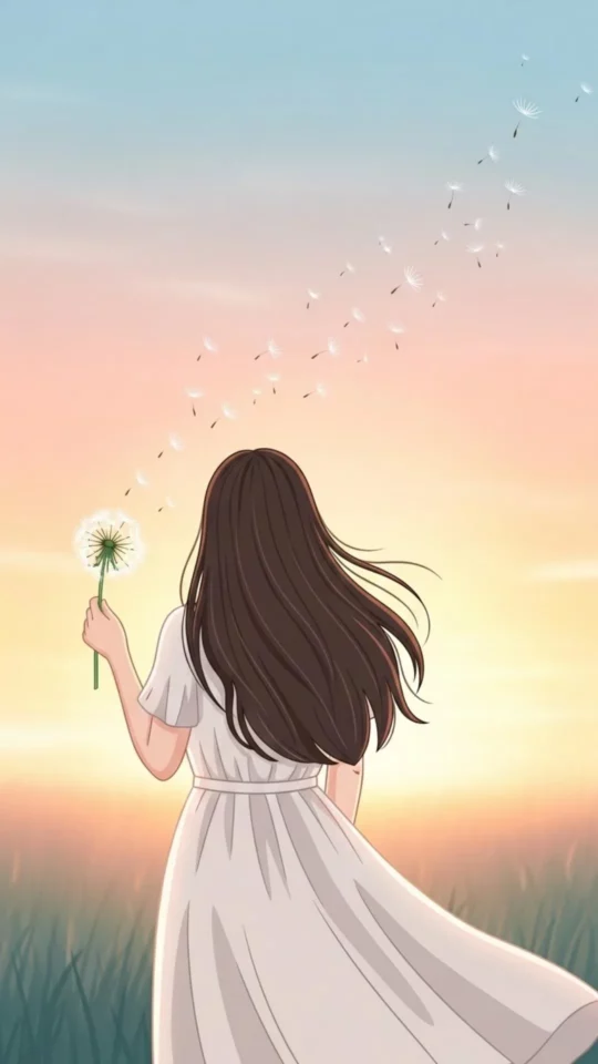 Aesthetic cute cartoon DP for girls showing a faceless character in a white dress blowing dandelion seeds; a healing profile picture for WhatsApp, free HD download