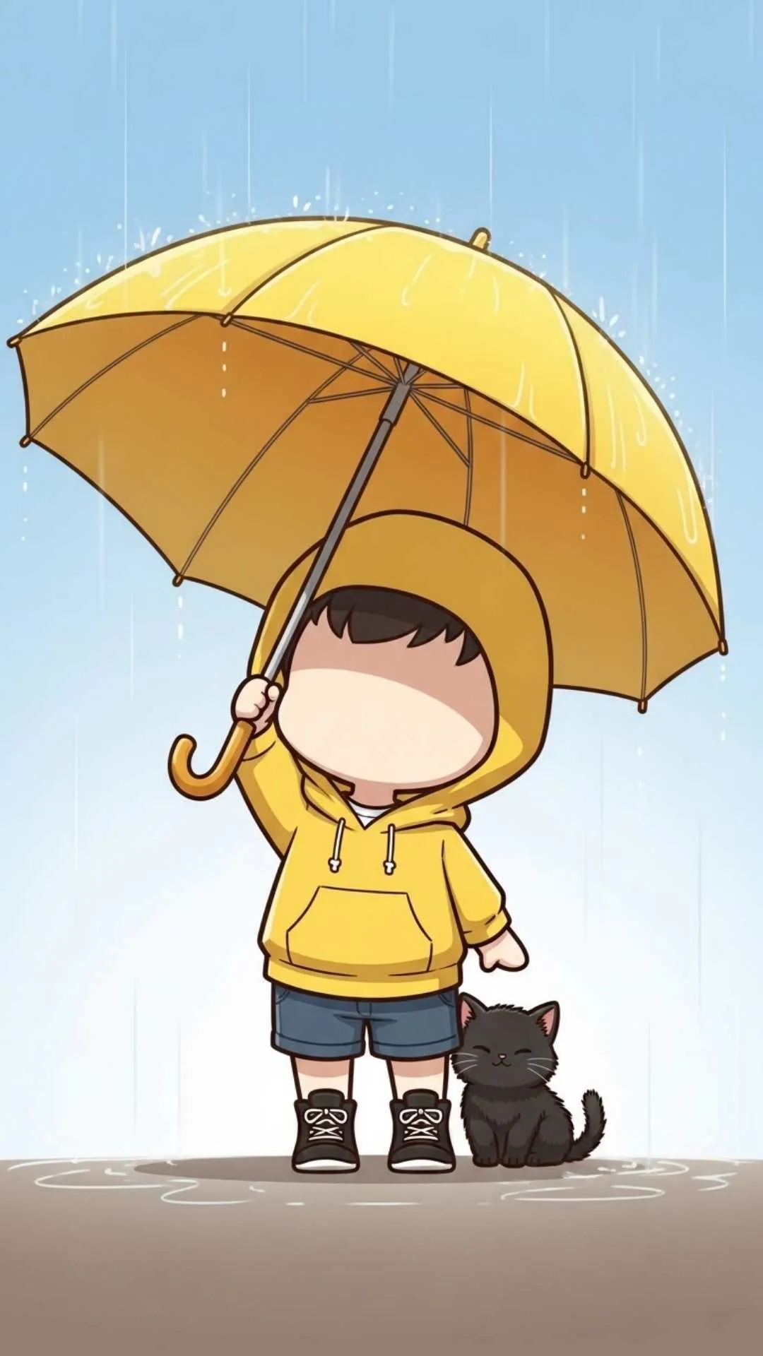 Heartwarming cute cartoon DP of a person with an umbrella sheltering a small cat in the rain, a cheerful profile picture for Instagram