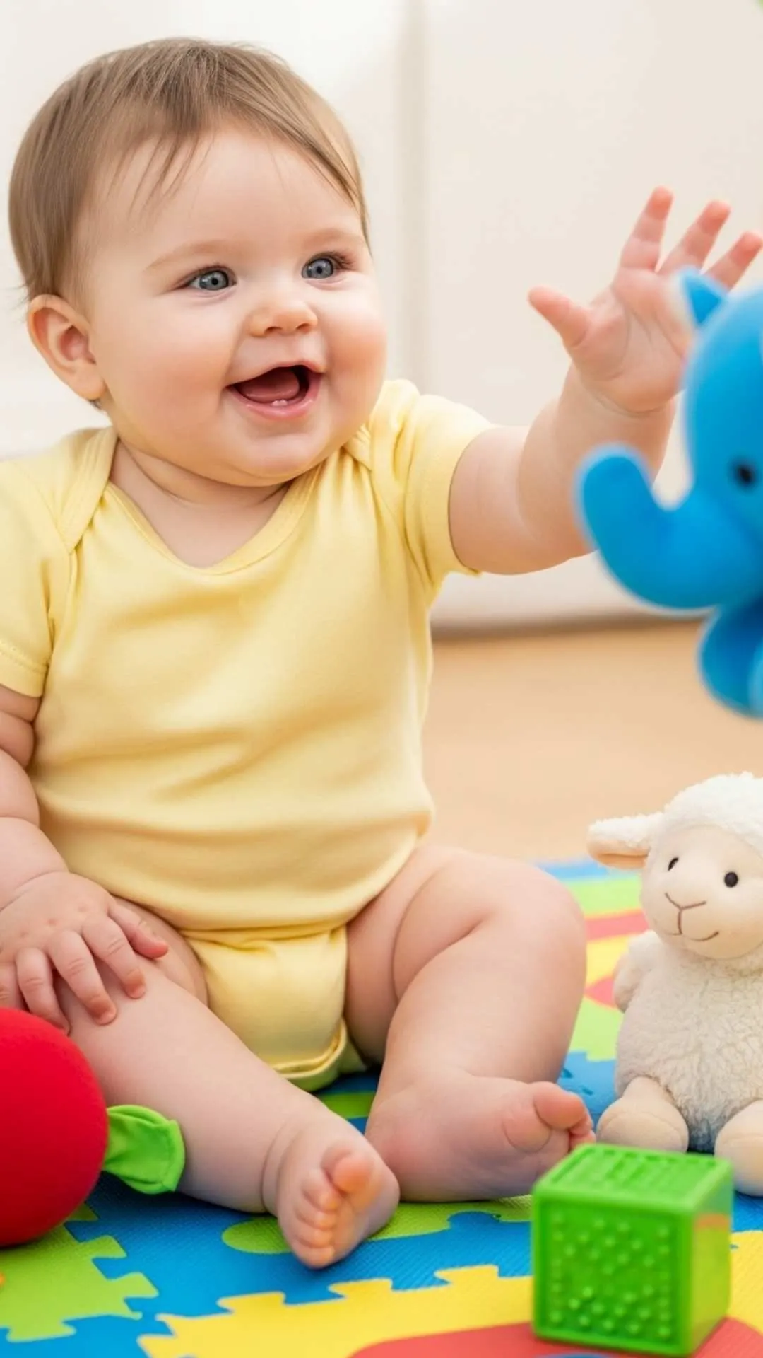 A full-body shot of a happy, chubby baby girl sitting and playing, a super cute DP choice