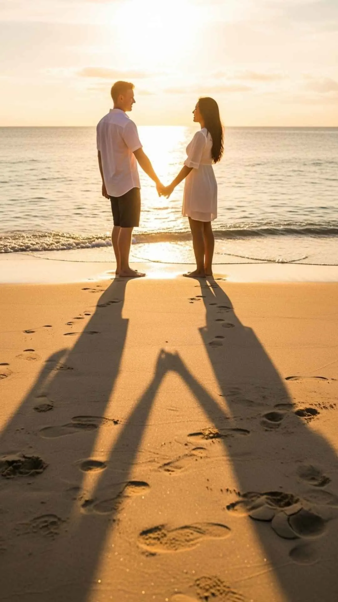 A unique cute couple DP of shadows holding hands on a beach, a creative and romantic profile picture