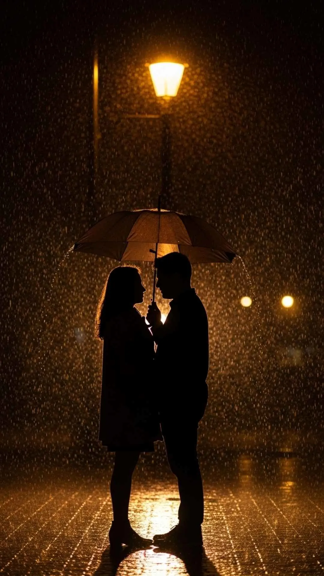 A cinematic cute couple DP silhouette under an umbrella in the rain, a romantic and aesthetic love avatar.