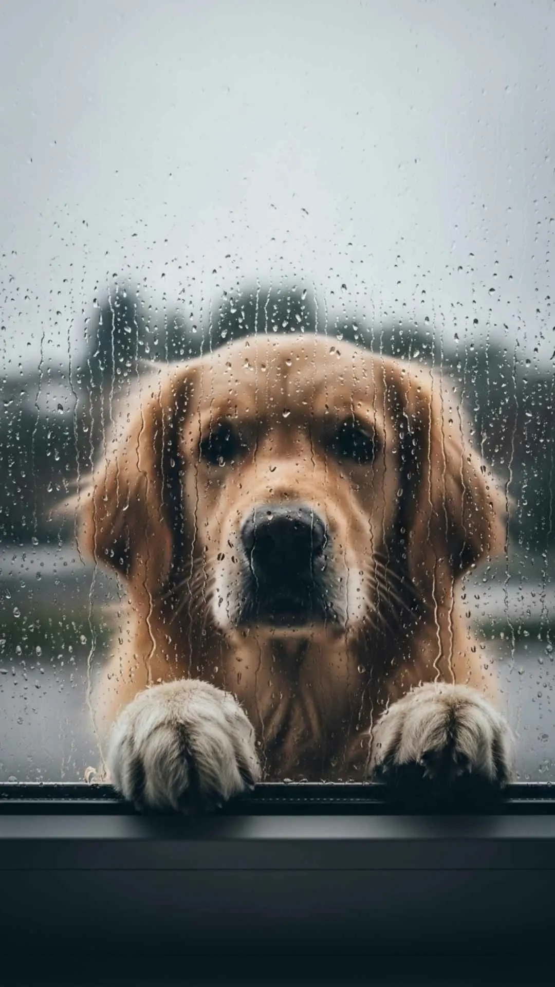 A healing and cute dog DP looking out a rainy window, a thoughtful profile picture for dog lovers