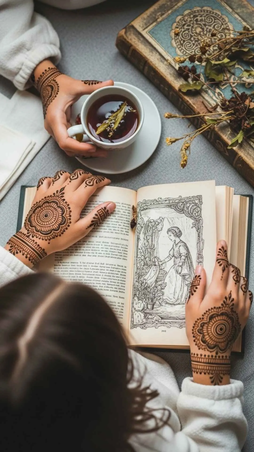 Aesthetic cute DP for girls showing henna hands and a cup of tea, a relaxing and cultural profile picture