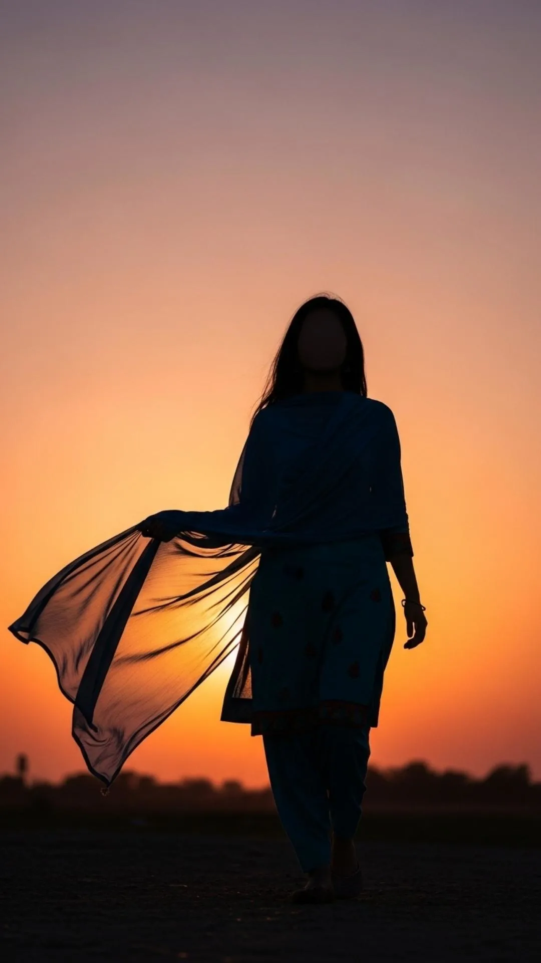 An elegant silhouette cute DP for girls with a flowing dupatta at sunset, a beautiful and stylish profile picture.