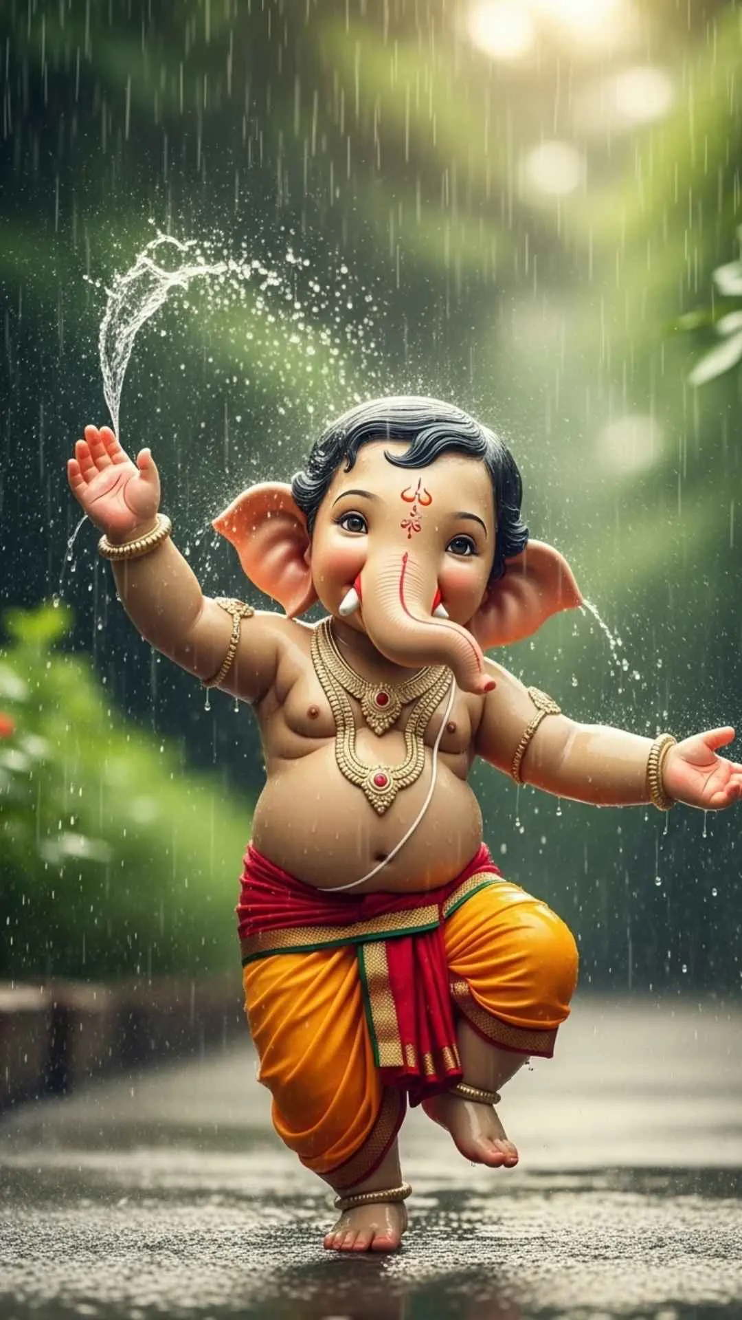 A joyful DP of a cute baby Ganesha happily dancing in the rain, a symbol of pure bliss and happiness. #DancingGanesha #HappyDP #Joyful #RainyDayFun #CuteVibes