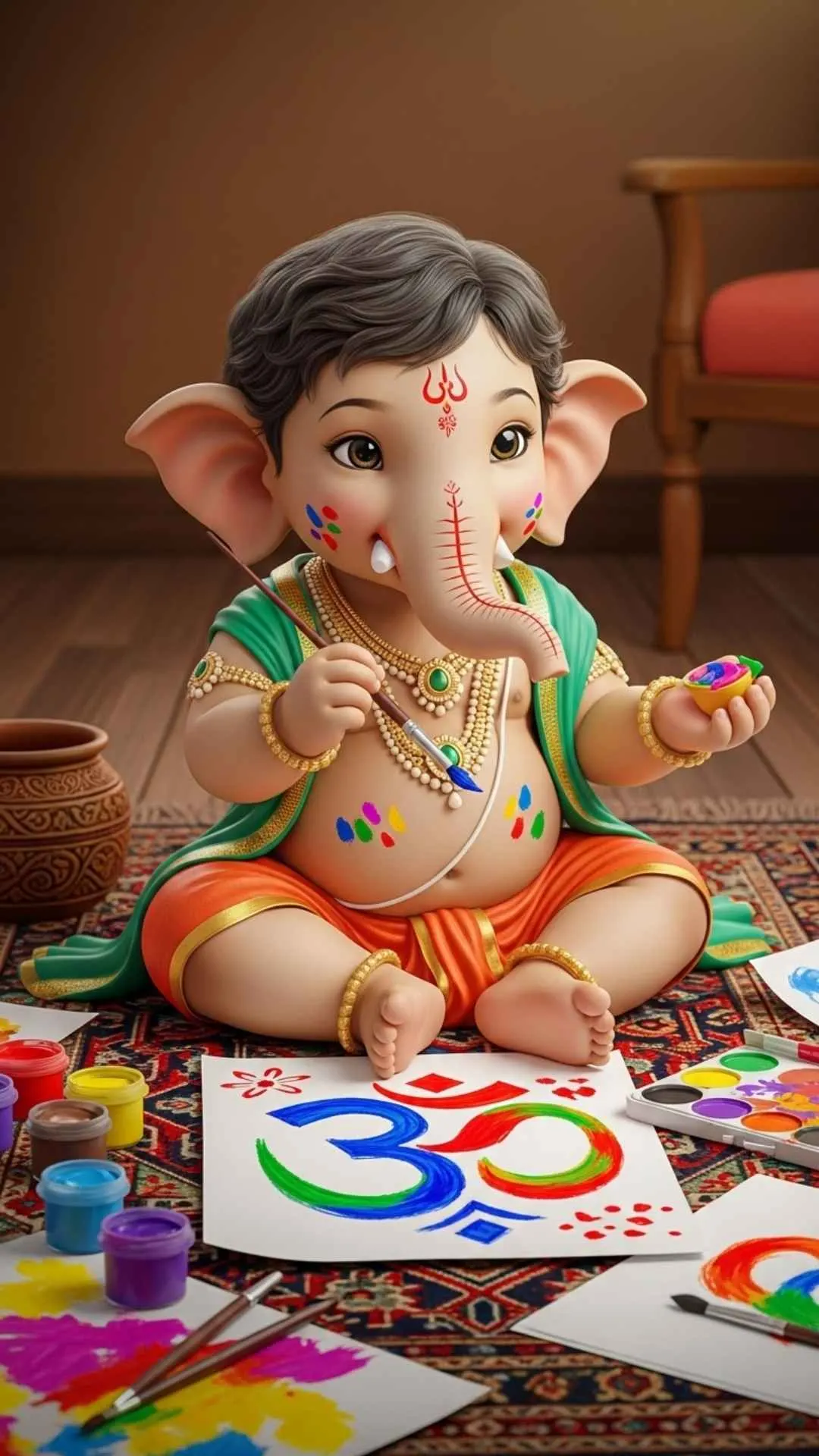 A charming DP of a little Ganesha as an artist, with cute paint smudges on his face, inspiring creativity and joy. #LittleArtist #GaneshaArt #CreativeGanesha #Playful #CuteDP