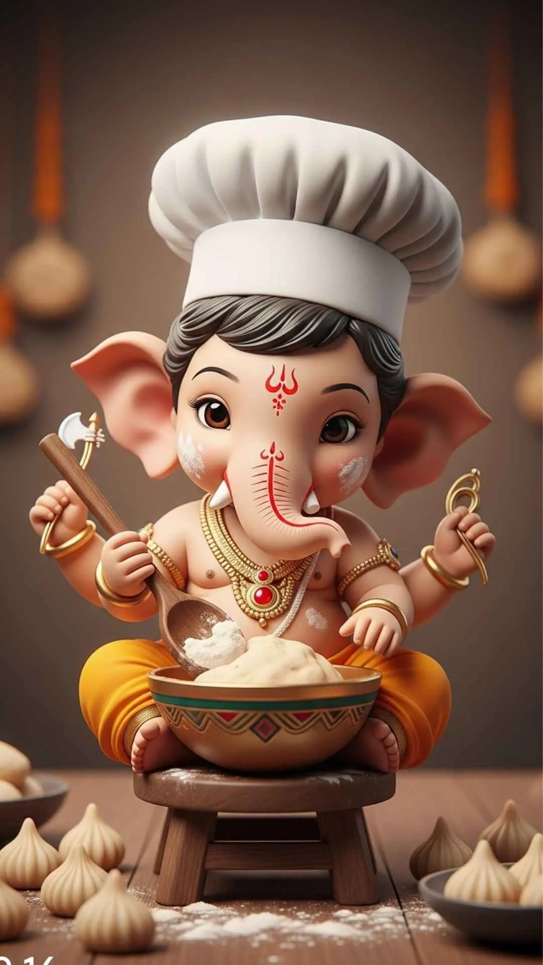 A sweet DP of a little chef Ganesha making modaks, with cute flour smudges on his face. #LittleChef #GaneshaCooking #SweetDP #ModakLover #Adorable