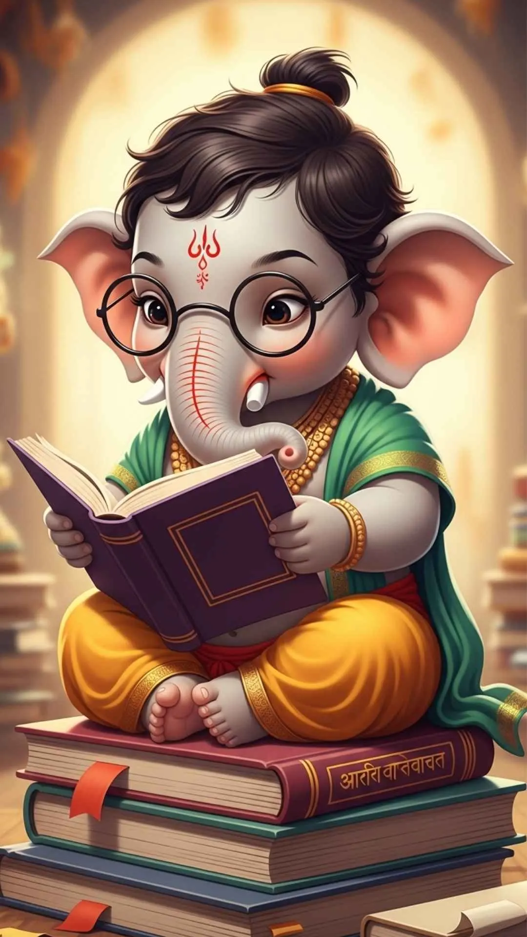 An adorable DP of a little scholar Ganesha wearing glasses and reading a book, symbolizing wisdom in a cute way. #ScholarGanesha #GodOfWisdom #CuteAndSmart #BookLover #GanpatiDP