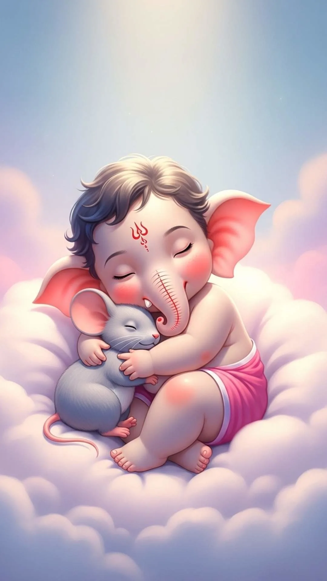 A super cute DP of baby Ganesha sleeping peacefully on a cloud while hugging Mushika the mouse, a symbol of innocence and peace. #SleepingGanesha #CuteDP #BabyGanesh #Peaceful #Adorable