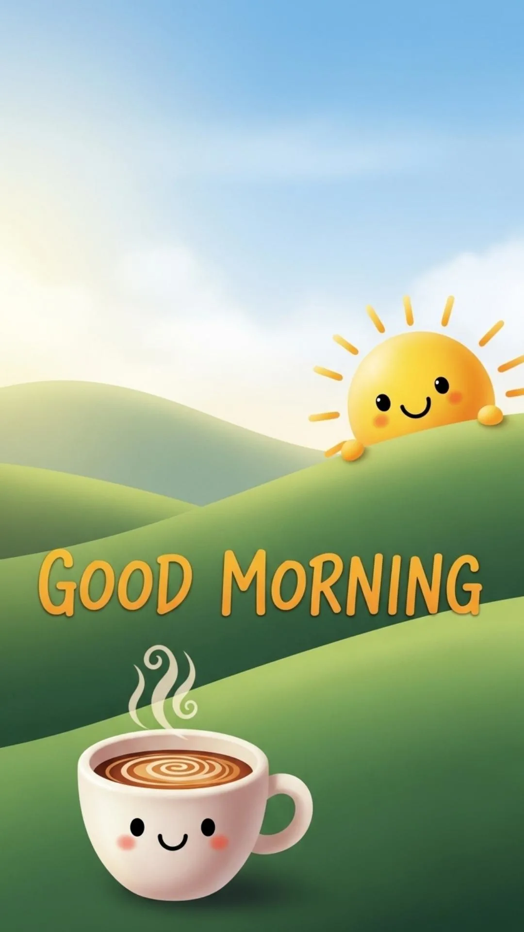 Cute Good Morning DP, cheerful morning profile picture, sun and coffee WhatsApp DP, positive morning wishes.