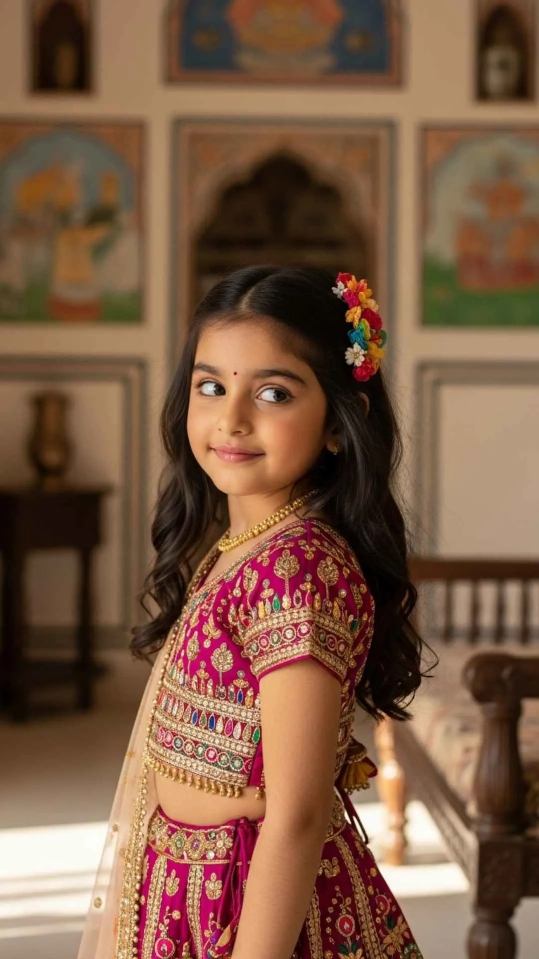 Cute Indian girl DP in lehenga, traditional child profile picture, adorable Indian kid WhatsApp DP, cultural kids' image.