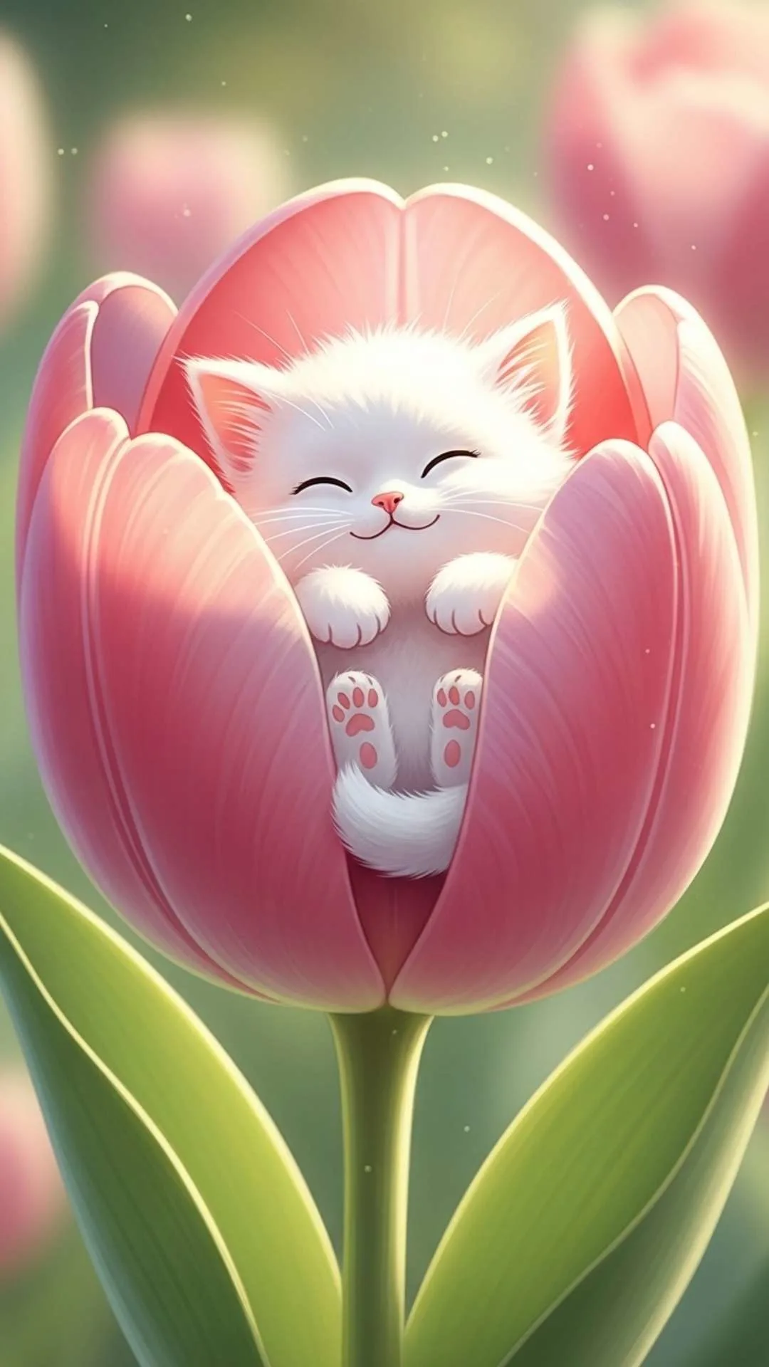 An adorable illustration of a cute white kitten sleeping in a pink tulip flower, a sweet and peaceful DP or avatar for girls who love animals.