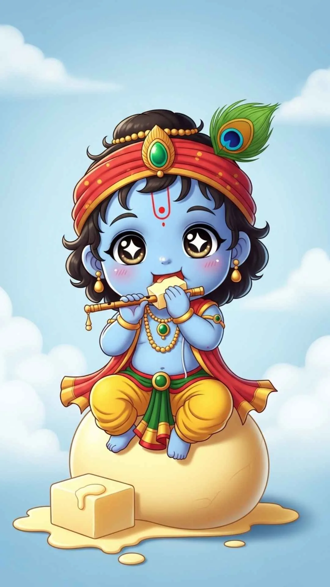A modern and super cute minimalist DP of Krishna in a Chibi art style, sitting on a giant ball of butter. #ChibiKrishna #CuteArt #ModernKrishna #Kawaii #AdorableDP
