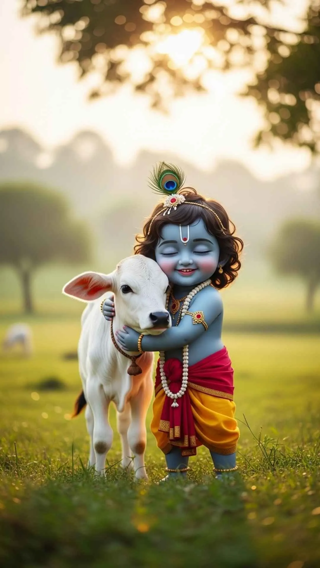 A loving DP of little Krishna hugging a calf, showing his divine connection and compassion for all creatures. #KrishnaAndCalf #DivineLove #Vrindavan #Compassion #CuteGod