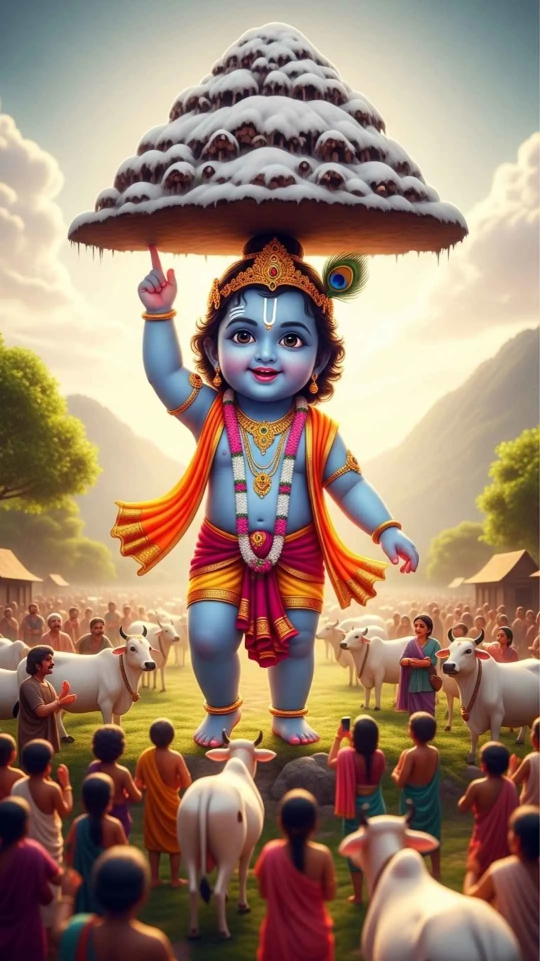A cute DP of baby Krishna as the tiny protector, lifting Govardhan Hill to save the villagers of Vrindavan. #GovardhanLila #BabyKrishna #DivinePower #Protector #CuteFeat