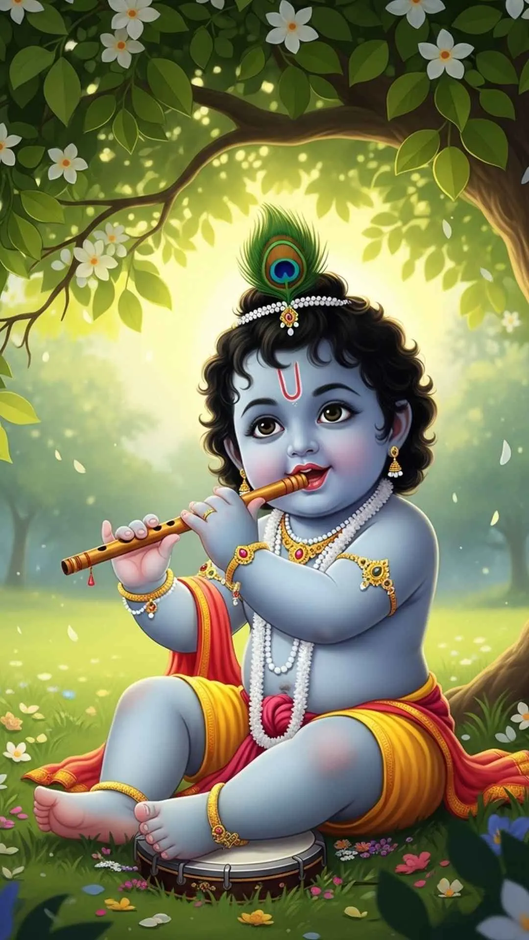 A charming DP of a little Krishna playfully trying to play his flute (bansuri), looking adorable with puffed cheeks. #LittleKrishna #KrishnaFlute #Bansuri #Innocent #CuteGodDP