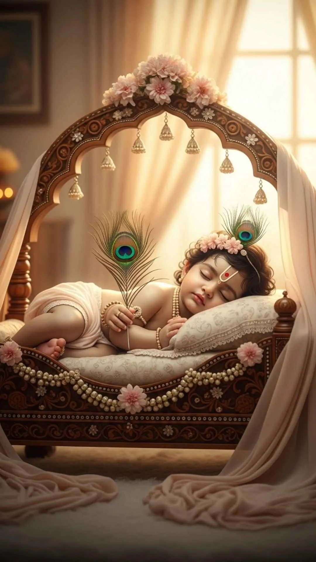 A peaceful DP of a cute baby Krishna sleeping in a cradle while holding a peacock feather, a symbol of serenity and divine beauty. #SleepingKrishna #BabyKrishna #PeacockFeather #Serene #PeacefulDP