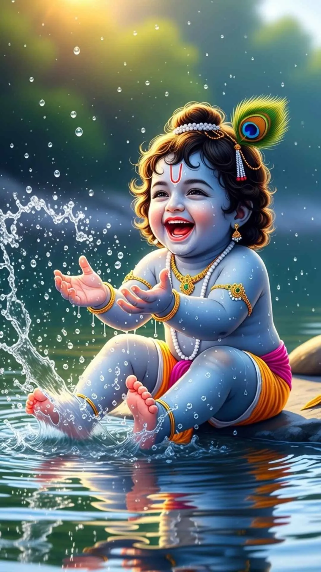 A happy DP of baby Krishna laughing and splashing water in the Yamuna river, a picture of pure joy and playfulness. #KrishnaPlayful #Yamuna #HappyDP #Joyful #Splash