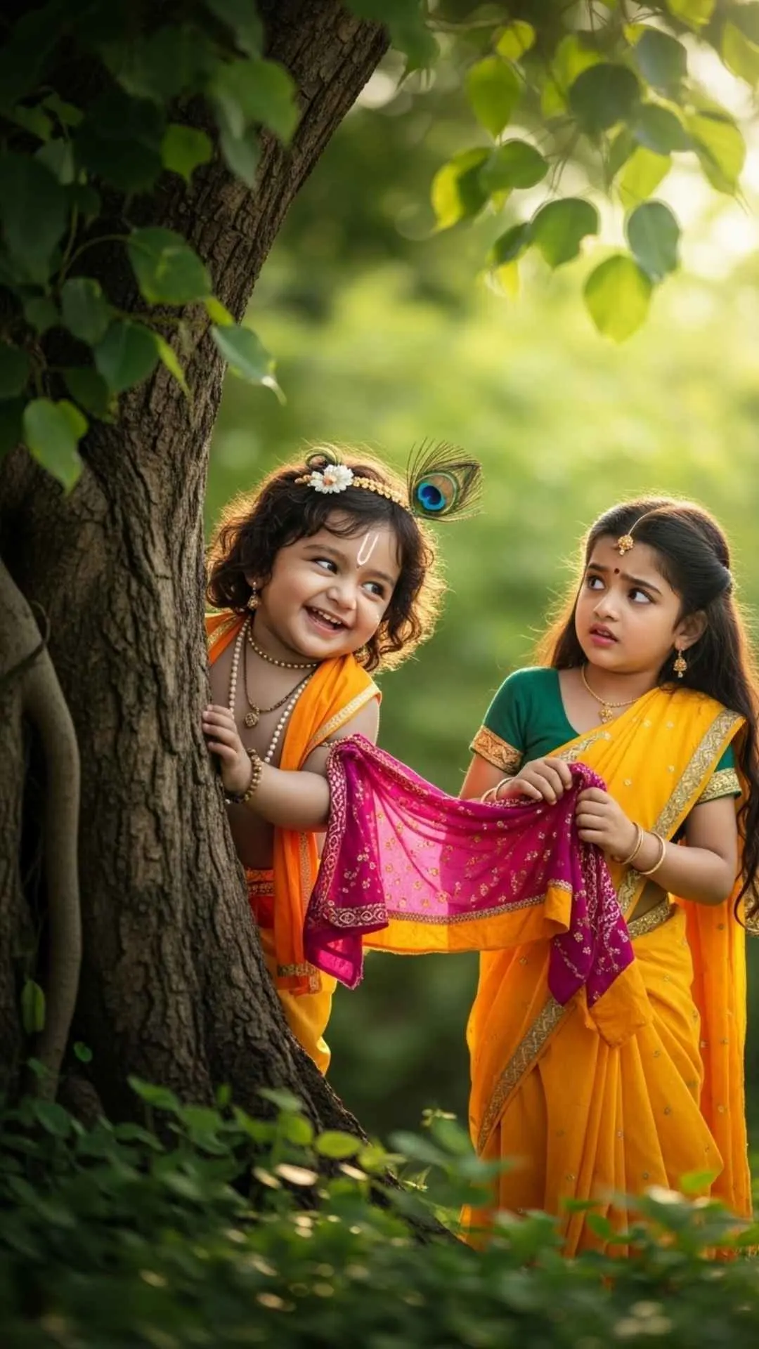 A mischievous DP of little Krishna teasing the Gopis by hiding with a stolen scarf, showing his playful nature. #KrishnaLila #Gopi #PlayfulKrishna #MischievousDP #Vrindavan