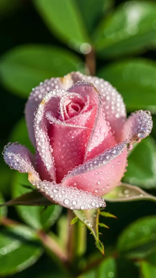 A beautiful, cute pink rose flower with dewdrops, a perfect aesthetic profile picture or avatar for girls. 4K quality image expressing pure and new love