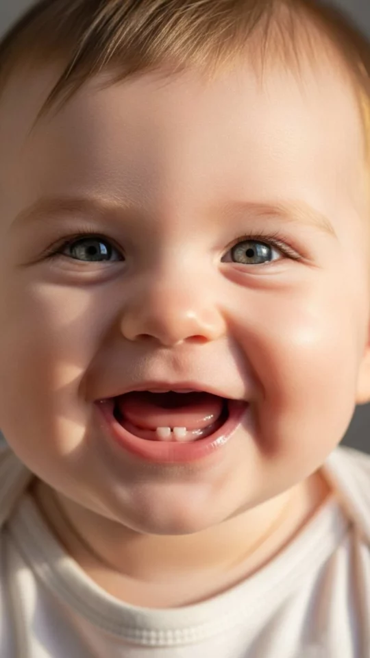 A close-up HD image of a cute baby girl with a joyful smile showing her first teeth, perfect as a WhatsApp DP